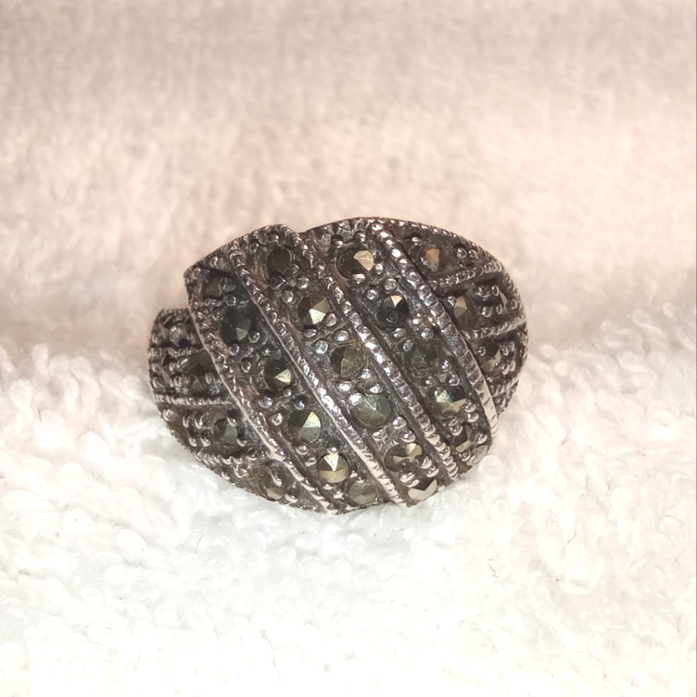 Vintage 925 Sterling Silver Marcasite Gem Wide Band Women's Ring Size 6.5